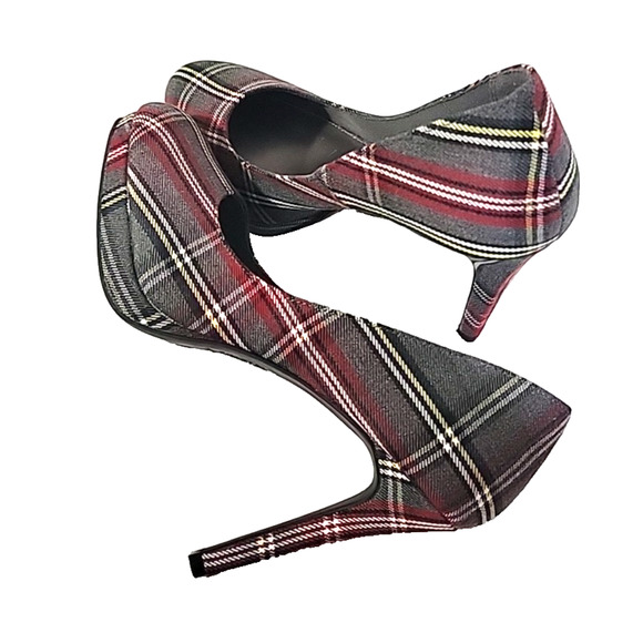 Fioni Gray Red Yellow Tartan Plaid Platform 4" Heels Pumps Size 11 M - Picture 1 of 14